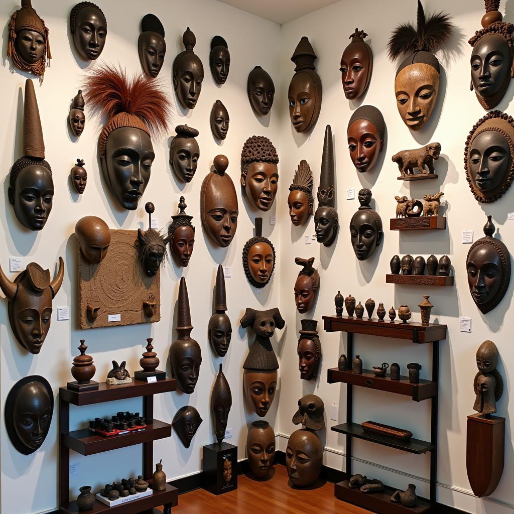 African masks displayed in an Amsterdam art gallery