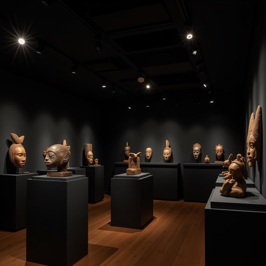 Display of African masks and sculptures in a New York gallery