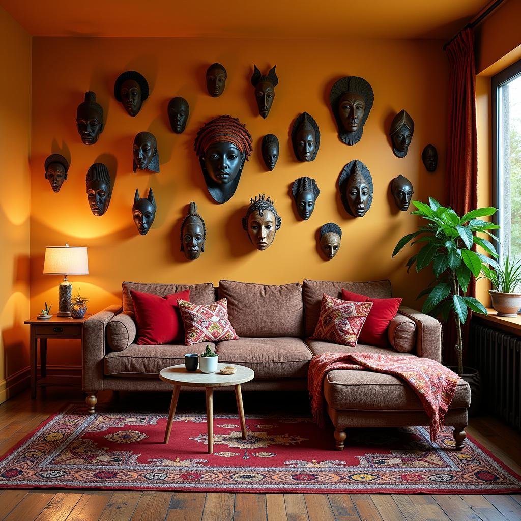 African masks and textiles in a living room