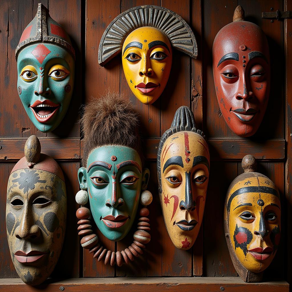 African masks displayed during a traditional ceremony