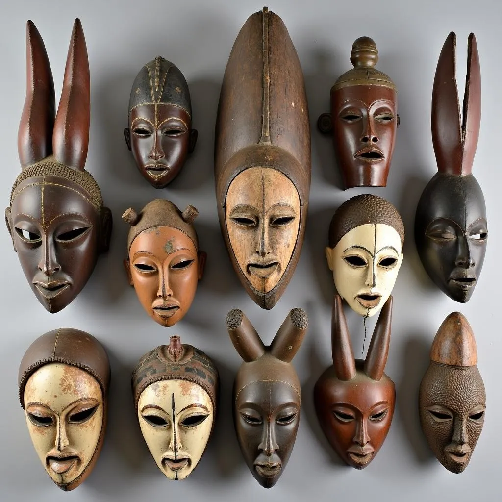 African Masks Display - Various intricate masks showcased in rows