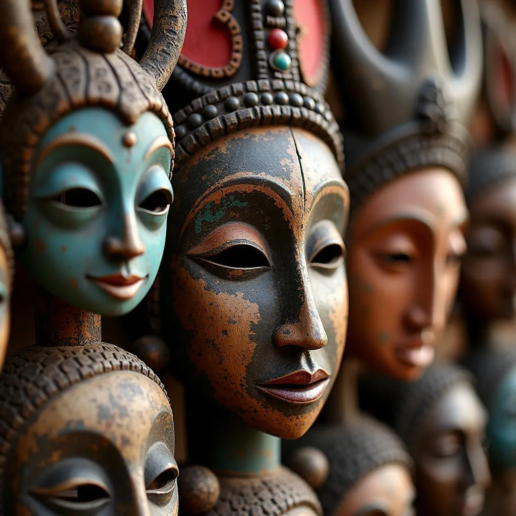 Colorful African masks used in traditional storytelling