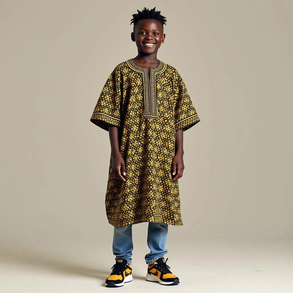 A man wearing a dashiki with modern street style