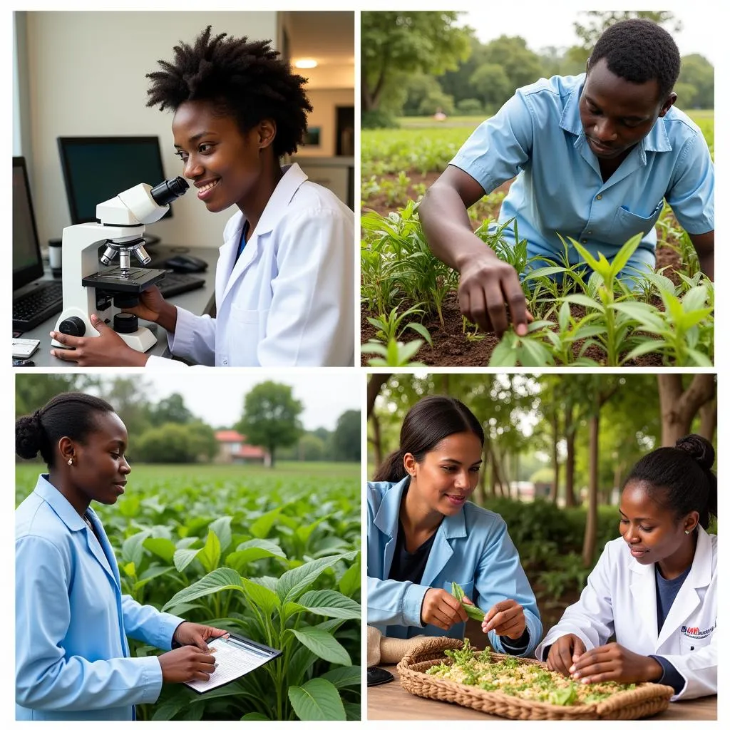 A collage showcasing the impact of African microbiology research on healthcare and agriculture