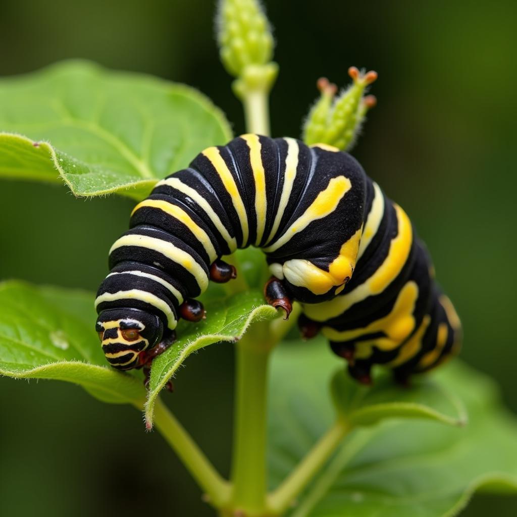 African Monarch Caterpillar Feeding on Milkweed