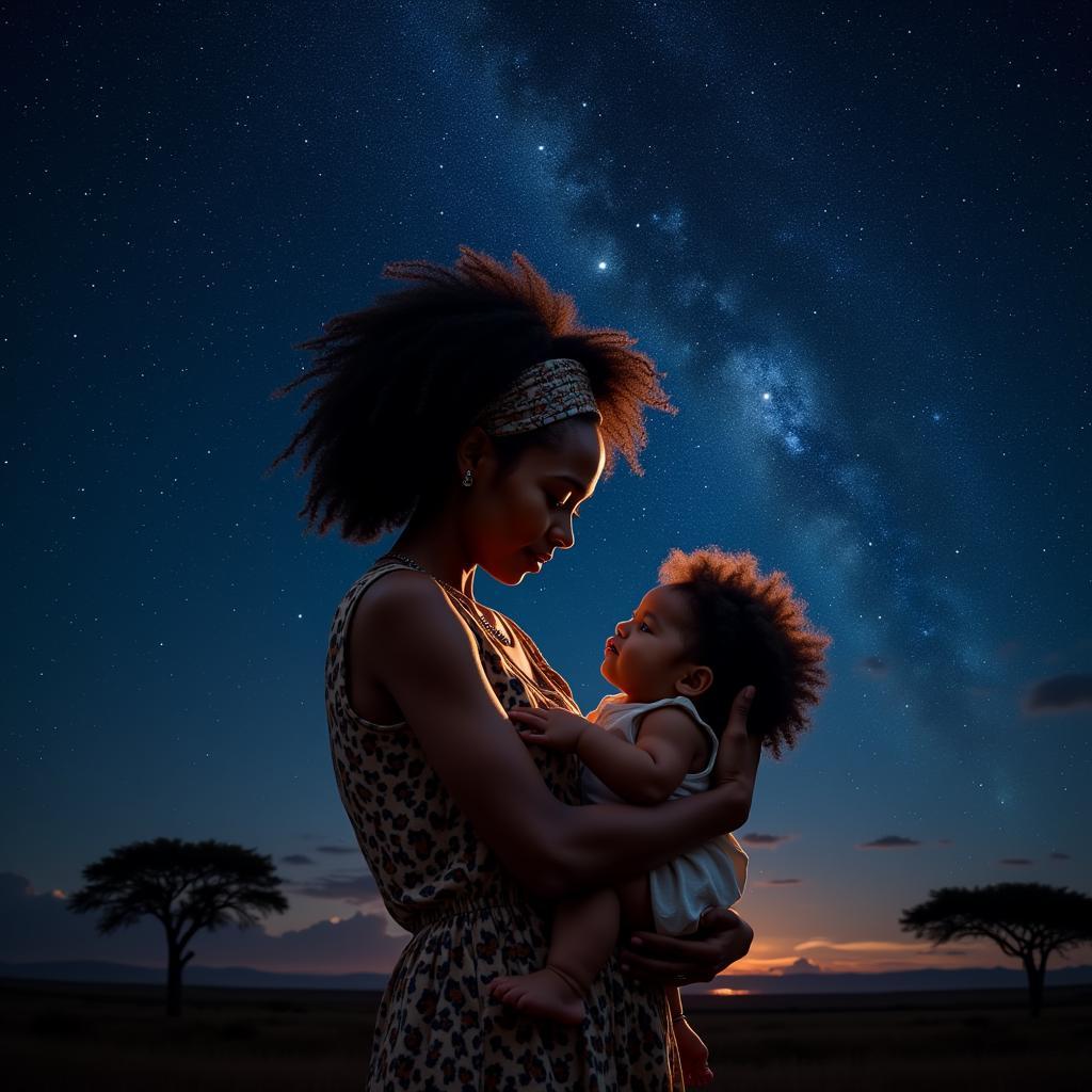 Mother and Child Under Starry Sky