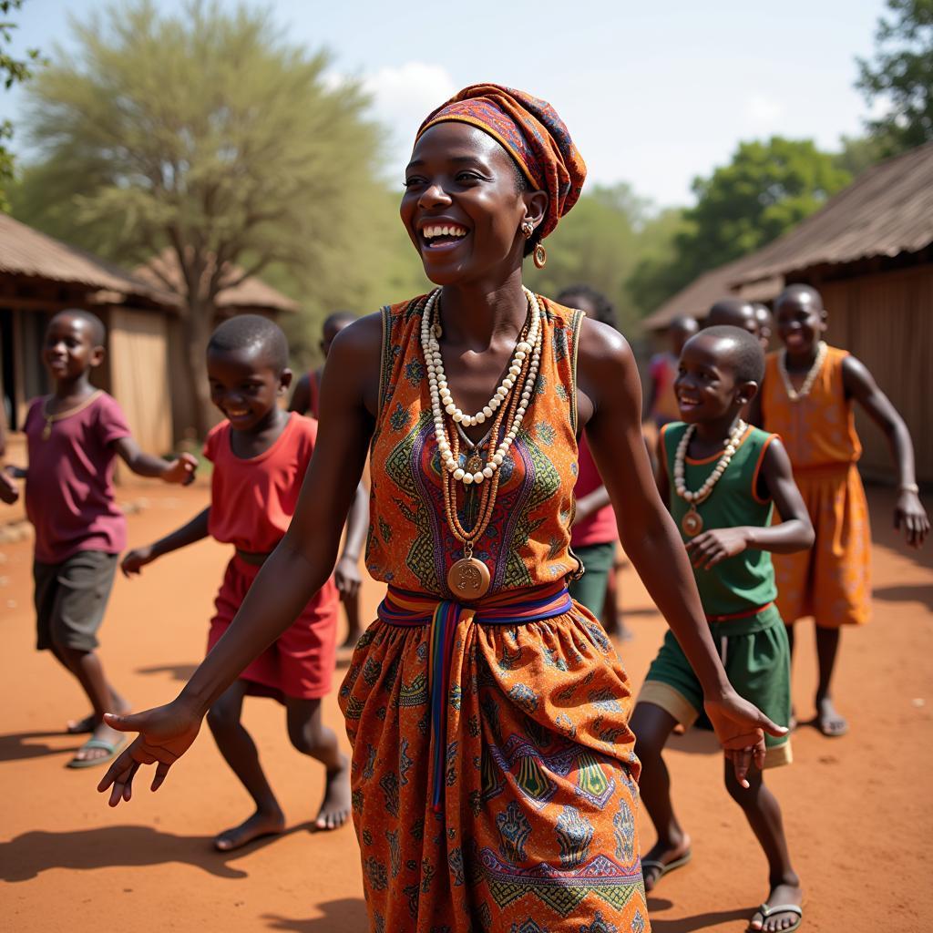 African mother and children joyfully dancing in a village setting