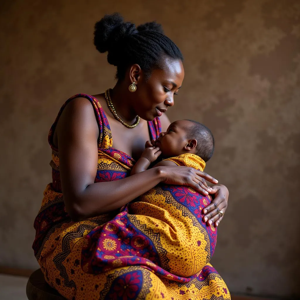 African Mother Breastfeeding Her Baby in a Colorful Wrap