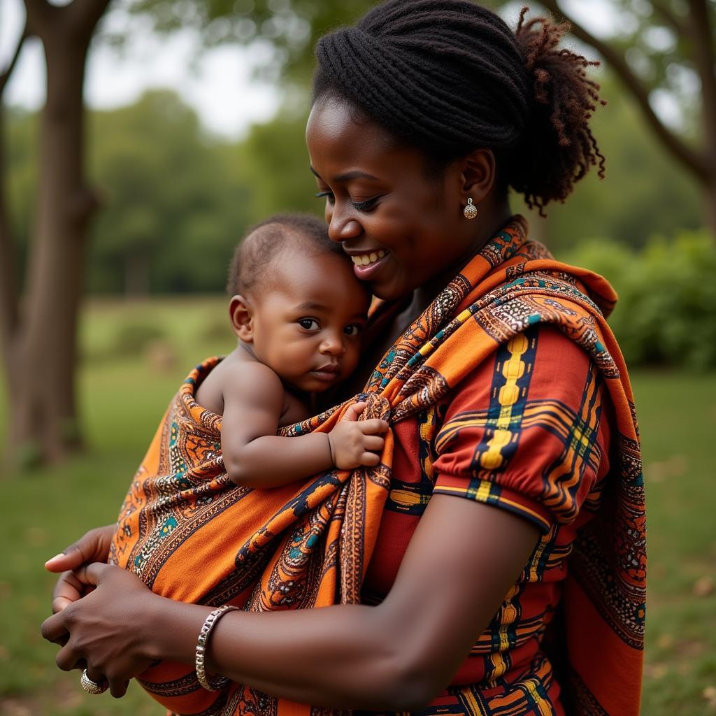 African Mother Carrying Baby in Wrapper