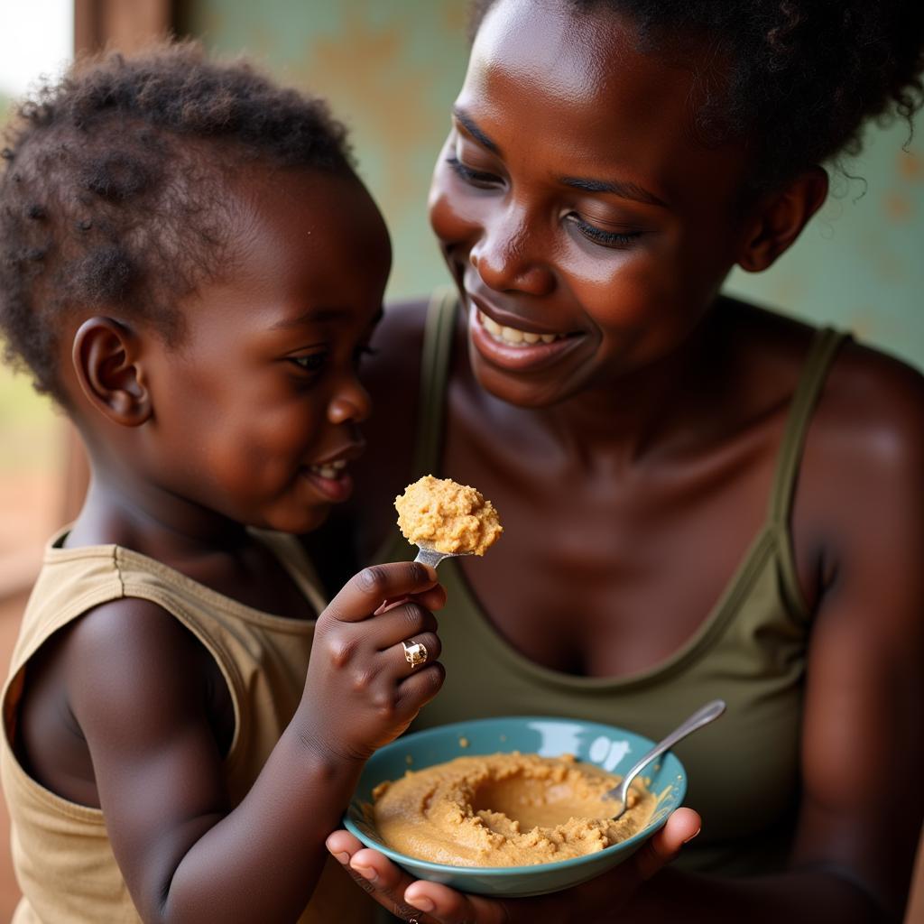 Mother feeding her child therapeutic food