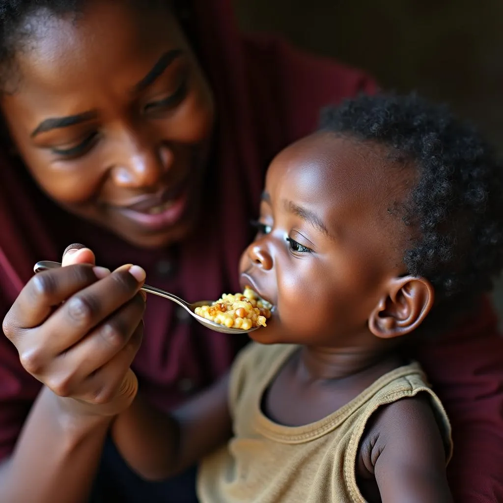 African mother feeding therapeutic food to her child