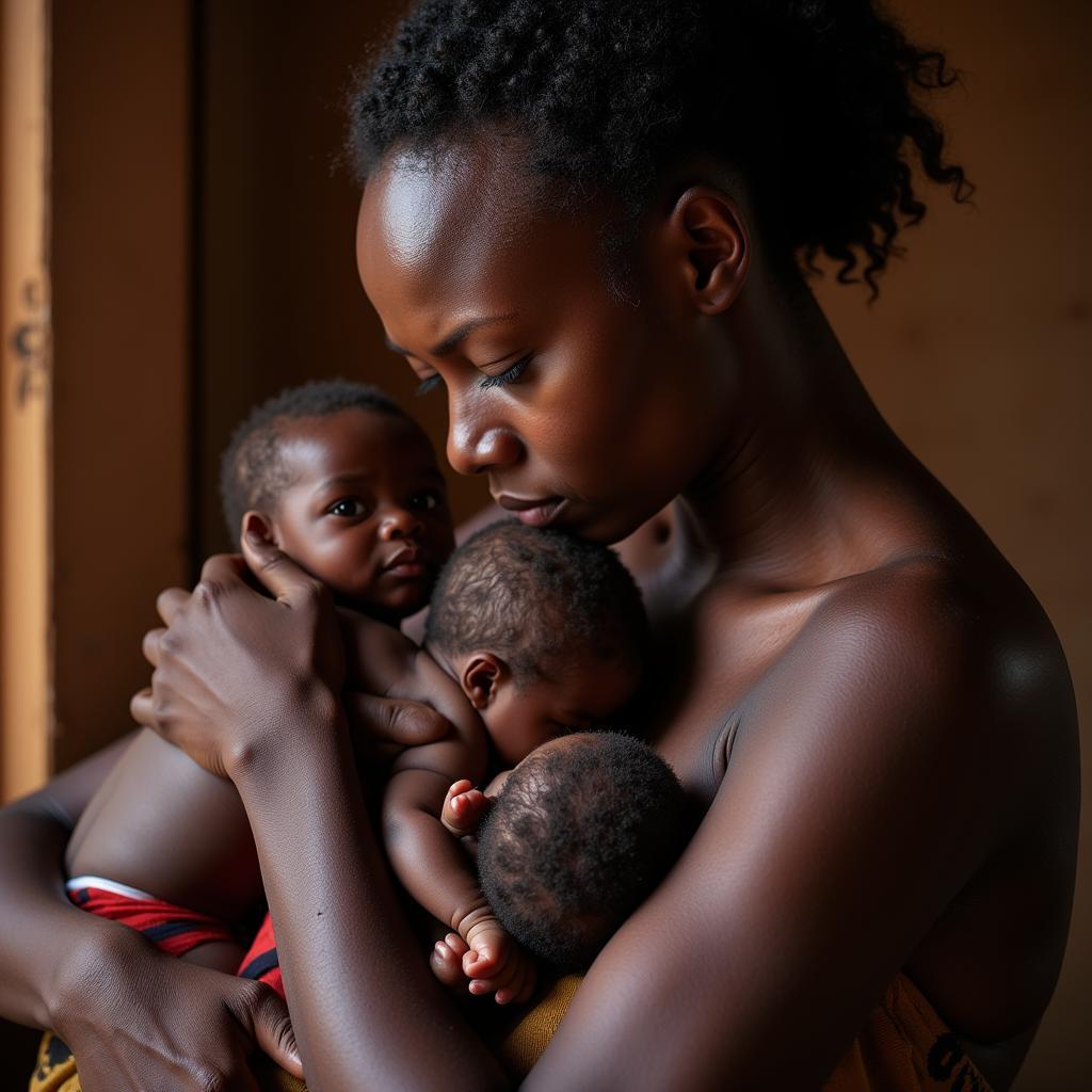 African Mother Breastfeeding Triplets