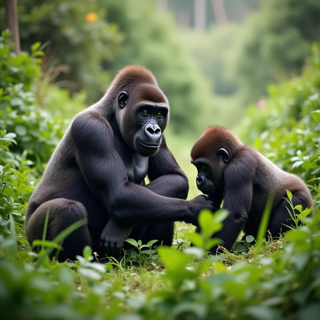 A family of mountain gorillas in their natural habitat