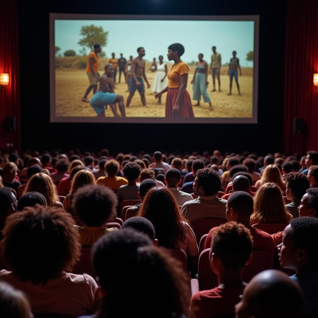 A packed cinema with an engaged audience watching an African movie