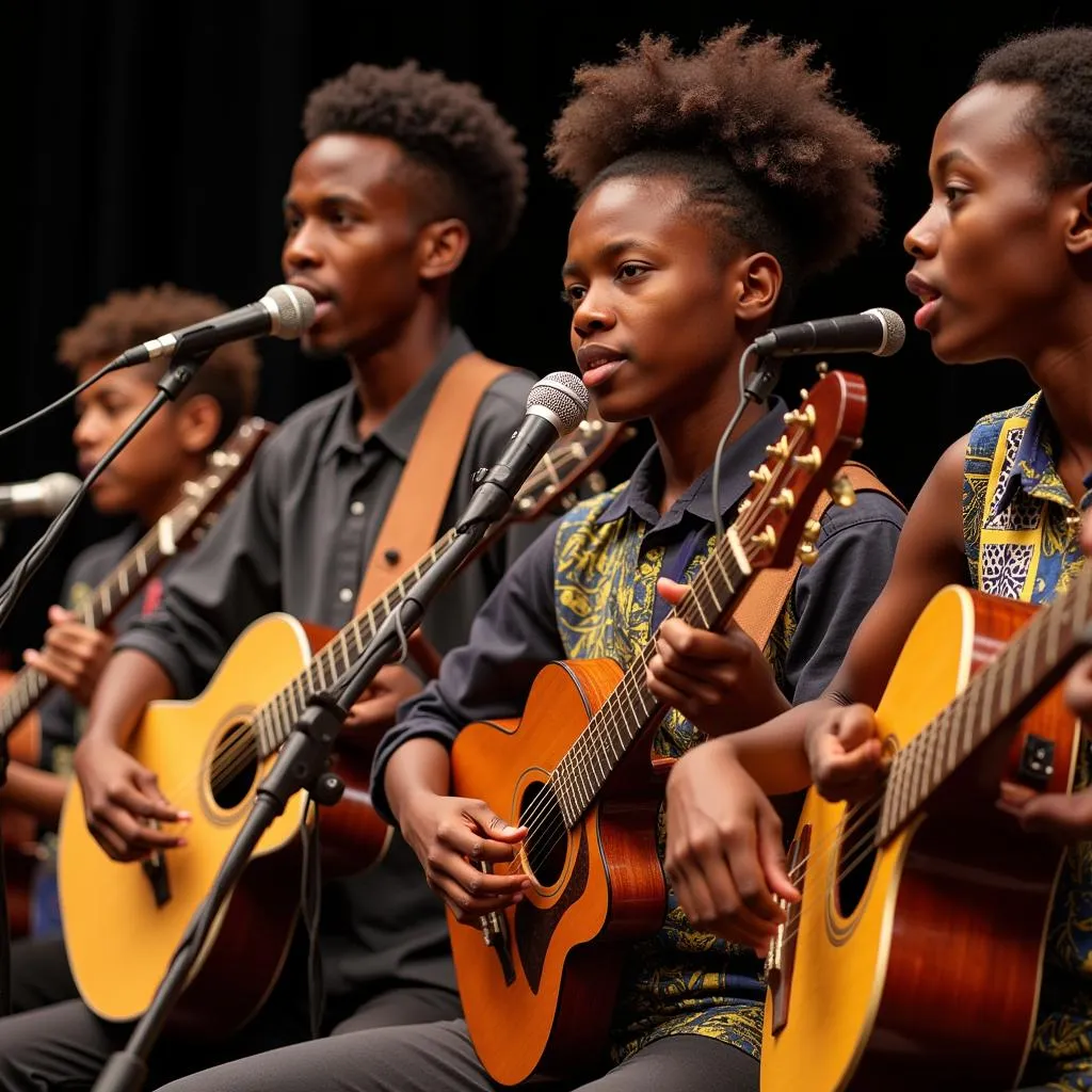 Group of young African musicians performing during an audition