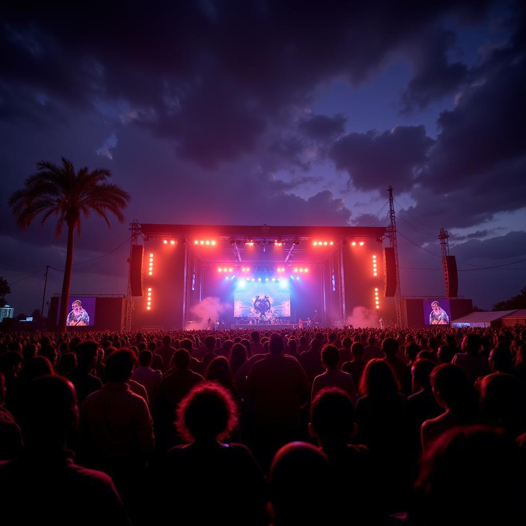 A large crowd at an African music concert with hands raised