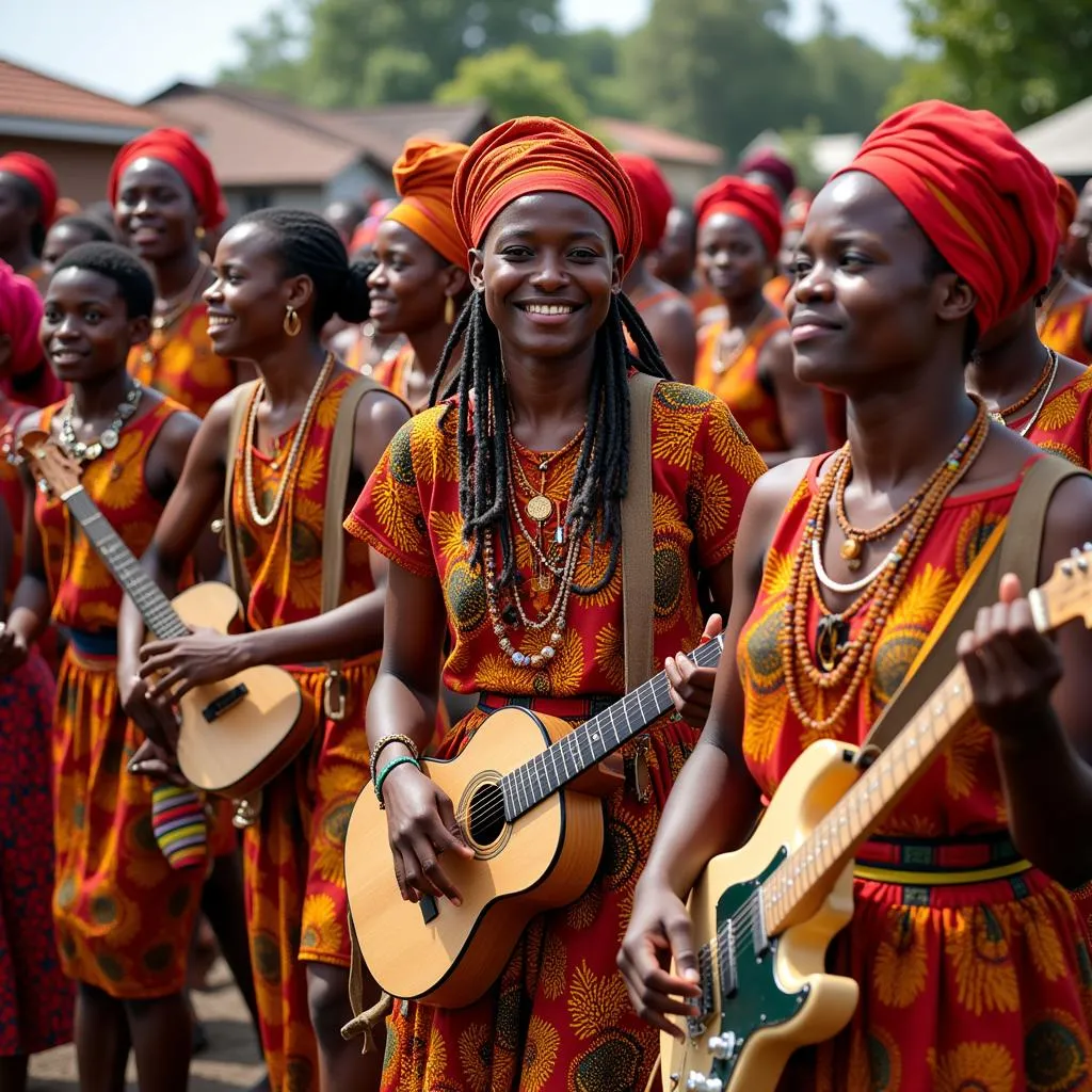 African musicians and dancers in traditional attire