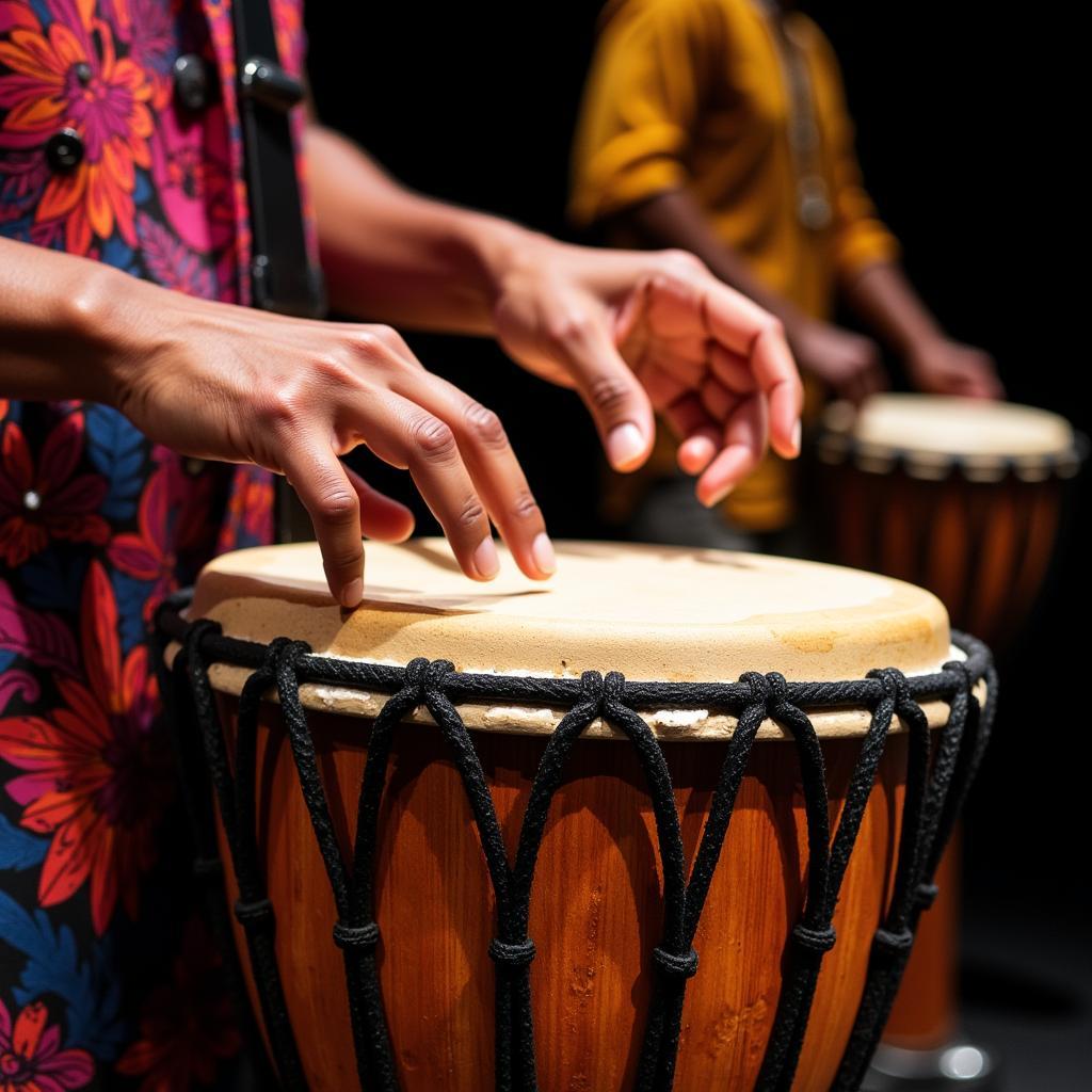 A musician passionately playing the djembe at an African fashion show