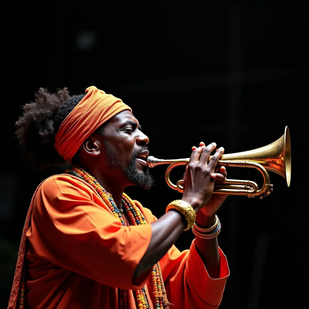 African Musician Playing Horn 