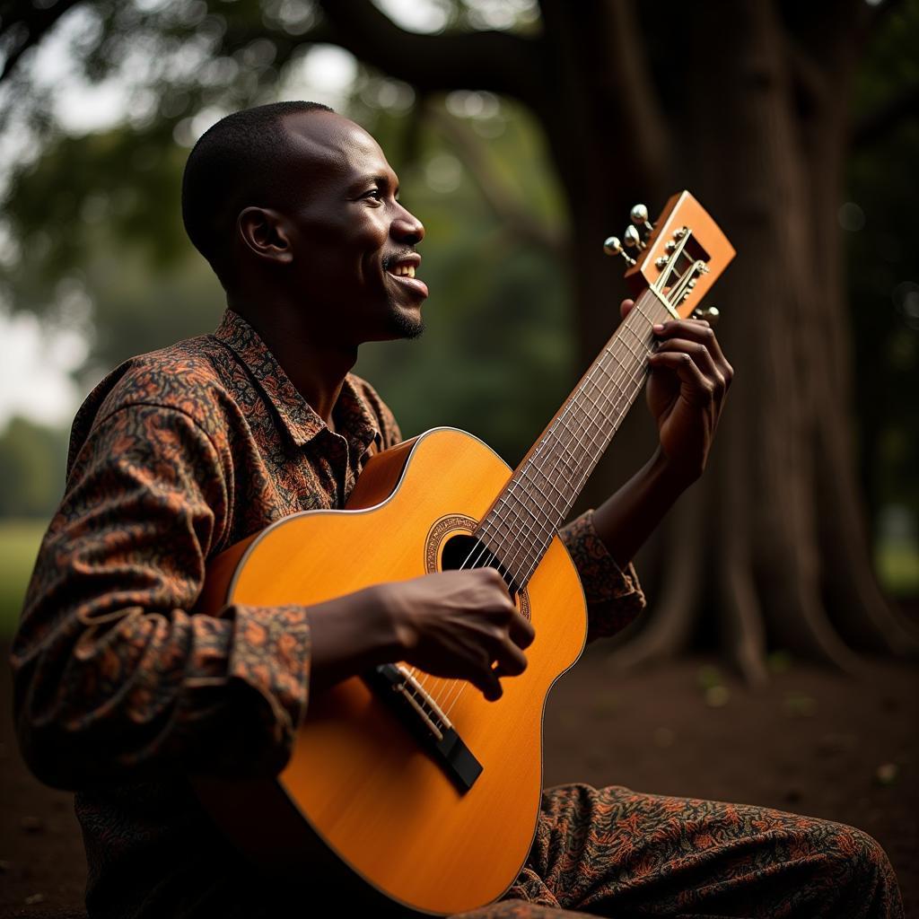 African Musician Performing with Kora