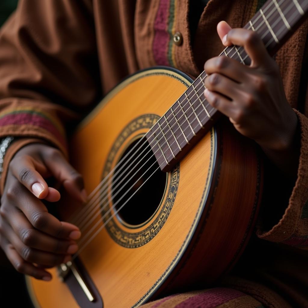 african musician playing traditional kora instrument