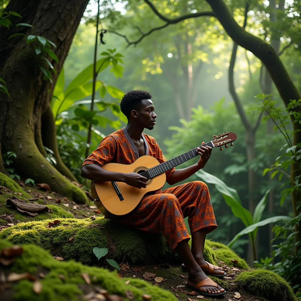 African Musician Playing Kora in a Jungle Setting