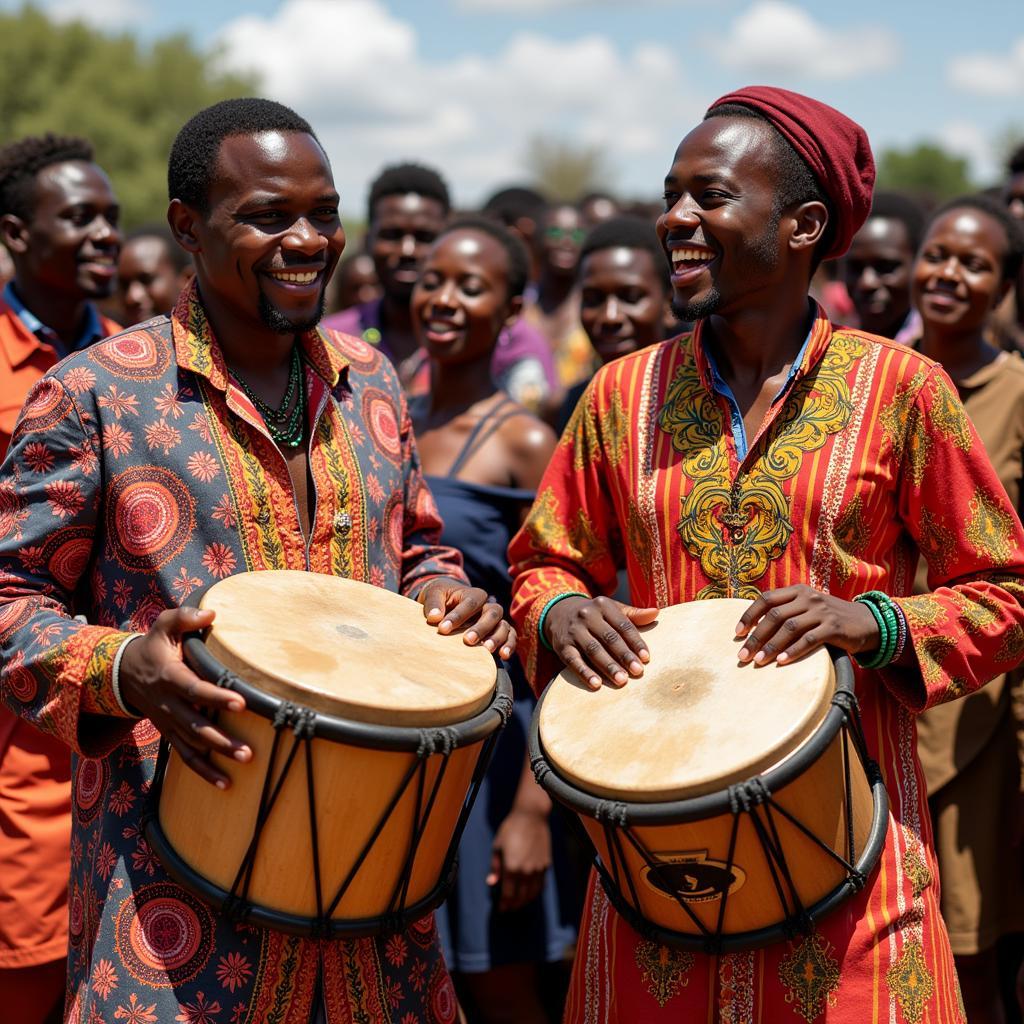 African musicians playing box drums in a celebratory gathering