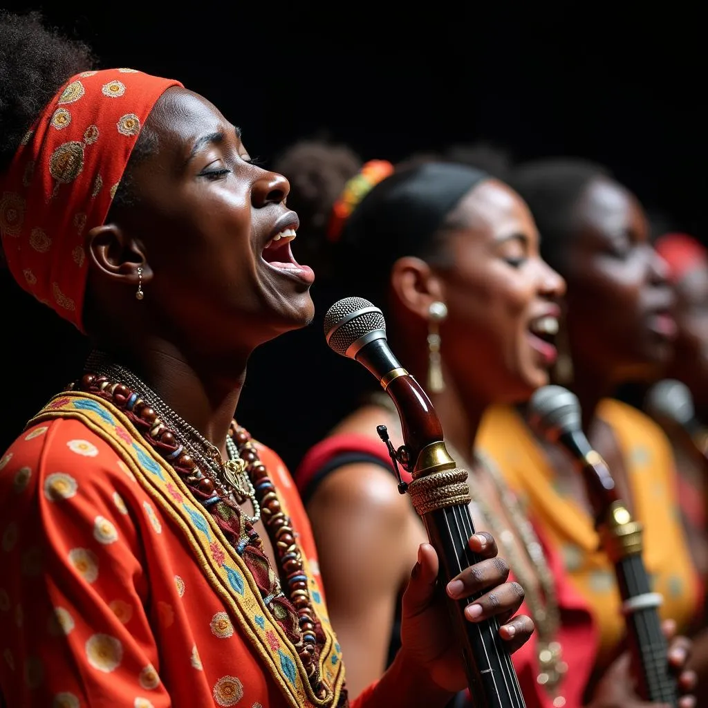 African musicians passionately performing with instruments on a stage in 2017