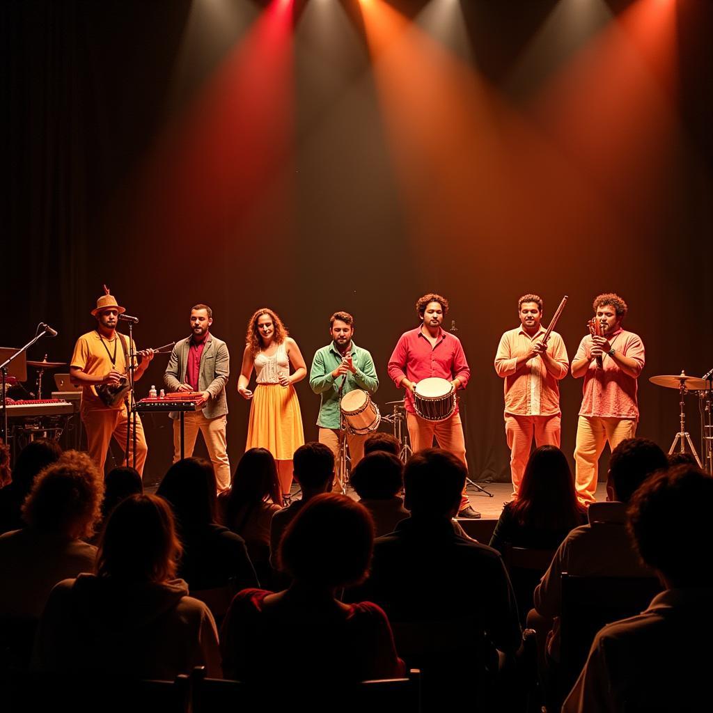 African musicians performing traditional music with drums and stringed instruments