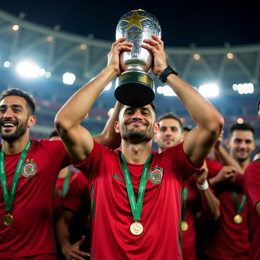 The prestigious African Nations Championship trophy, held aloft by the Moroccan captain