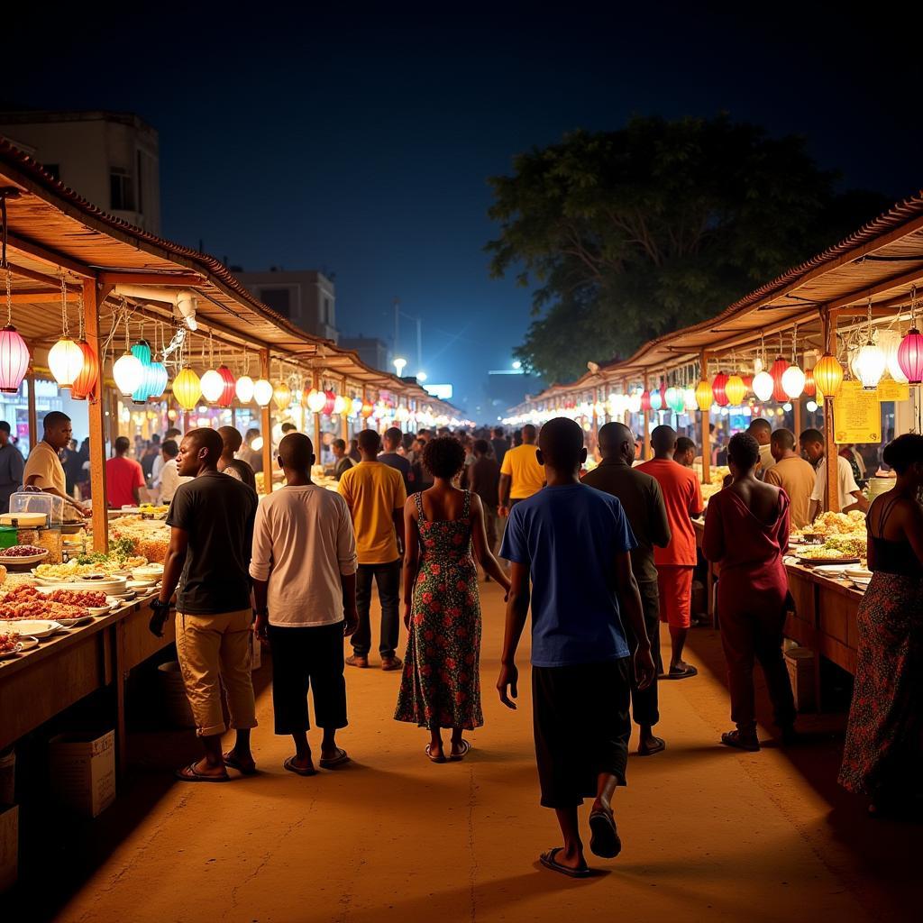 Vibrant African Night Market Scene: Locals and tourists gather under colorful lights, exploring stalls filled with handcrafted goods, clothing, and delicious street food.