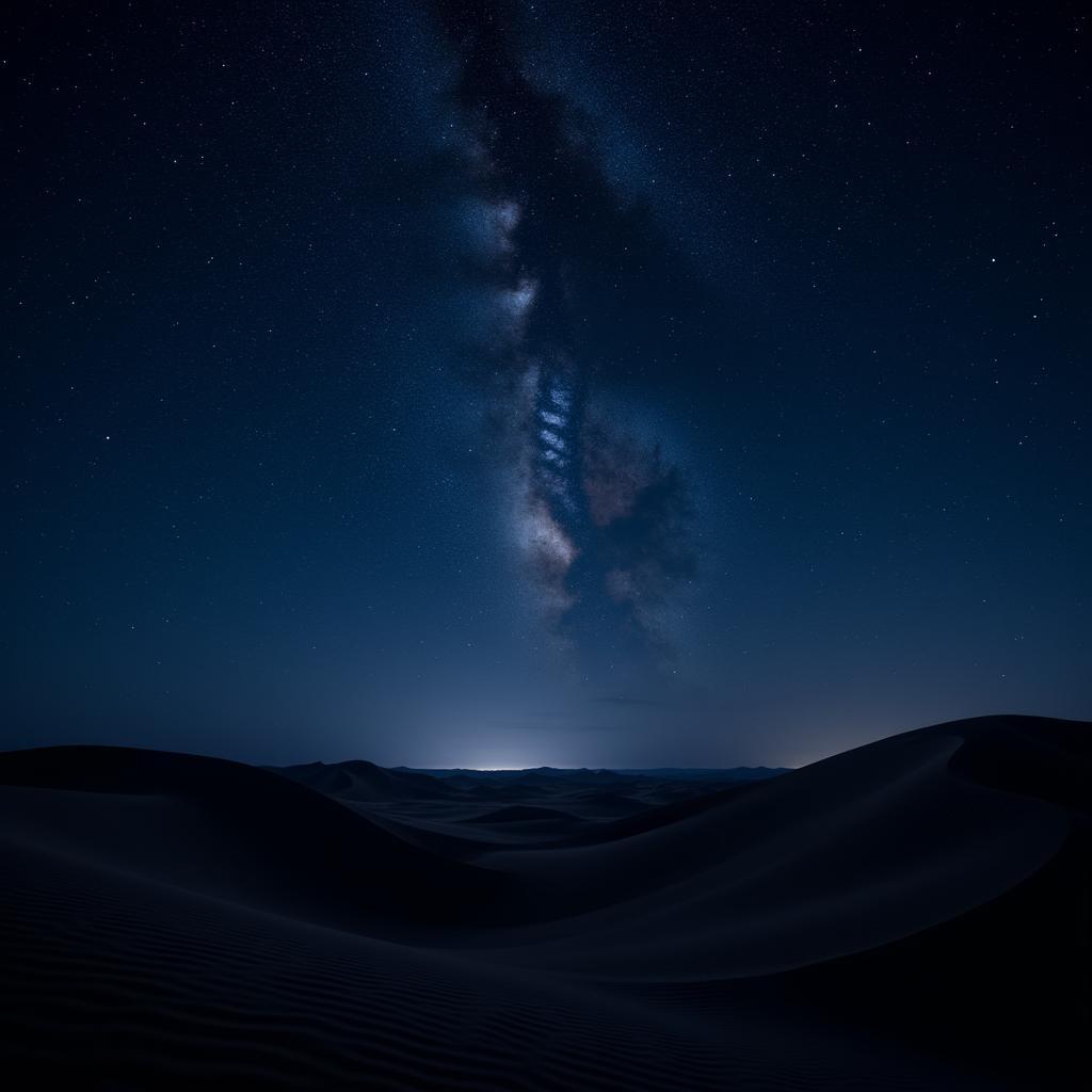 Stargazing in the Sahara Desert: A breathtaking view of the Milky Way stretching across the clear night sky, with the silhouette of sand dunes in the foreground.