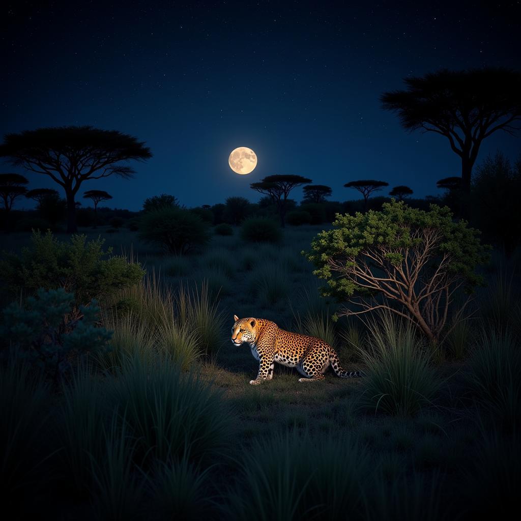 African Night Wildlife Safari: A leopard stalking its prey under the moonlight in the African savanna.