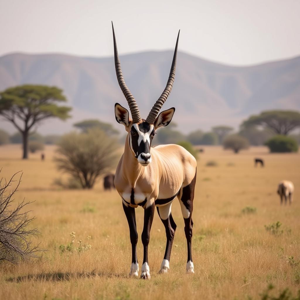 An African oryx standing gracefully on a dry grassland, its long horns curving elegantly against the backdrop of a vast savanna.