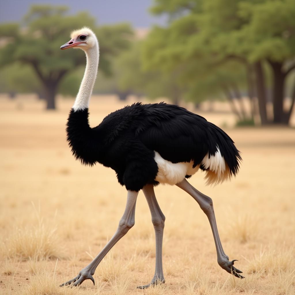 African ostrich running across savanna