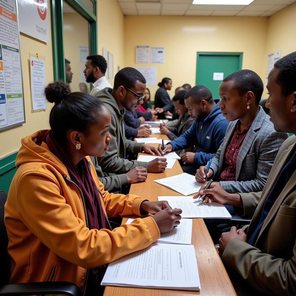 African Passport Application Process: Citizens filling out forms and waiting in line.