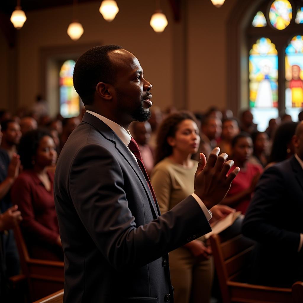 An African pastor passionately delivering a sermon to his congregation