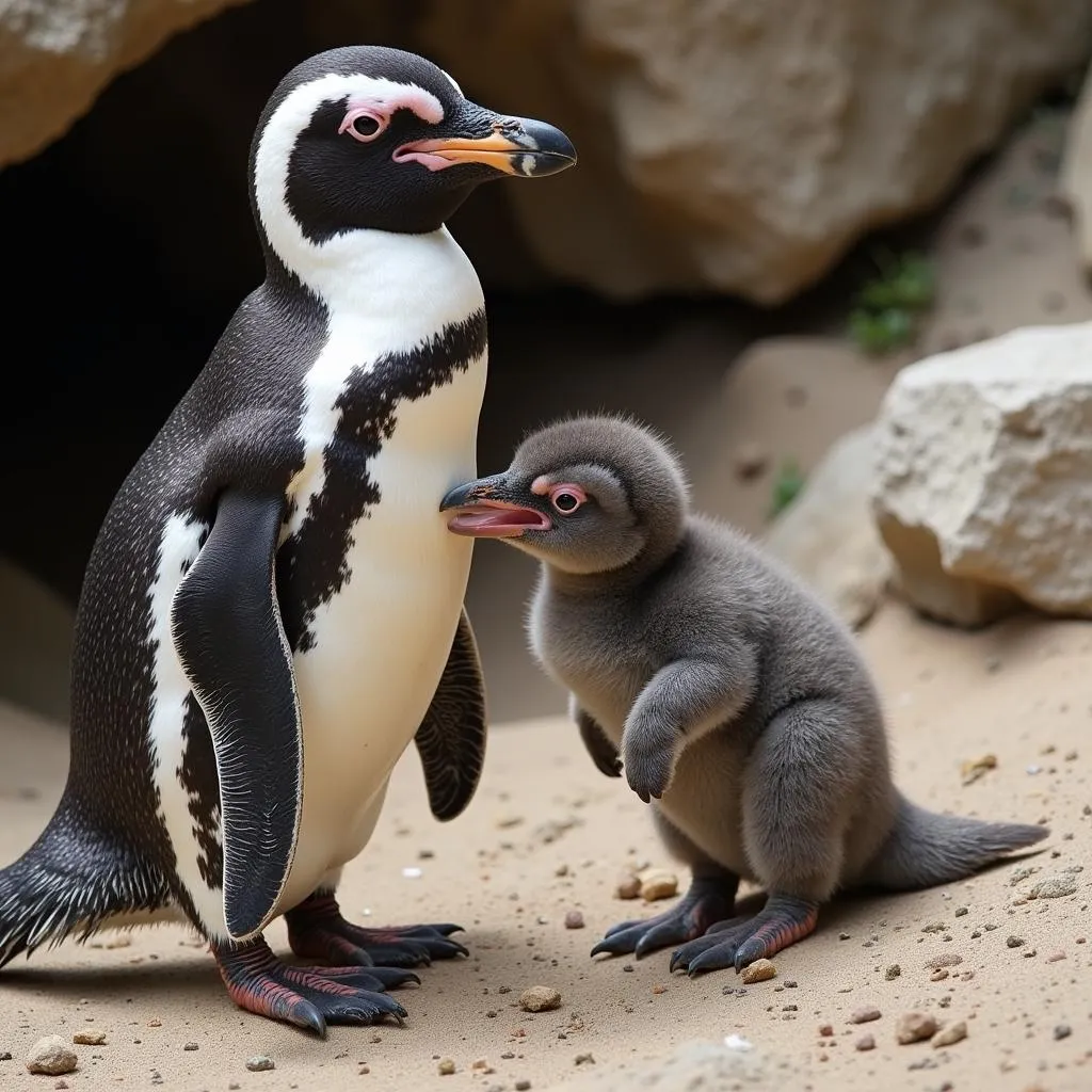 African penguin chick being fed