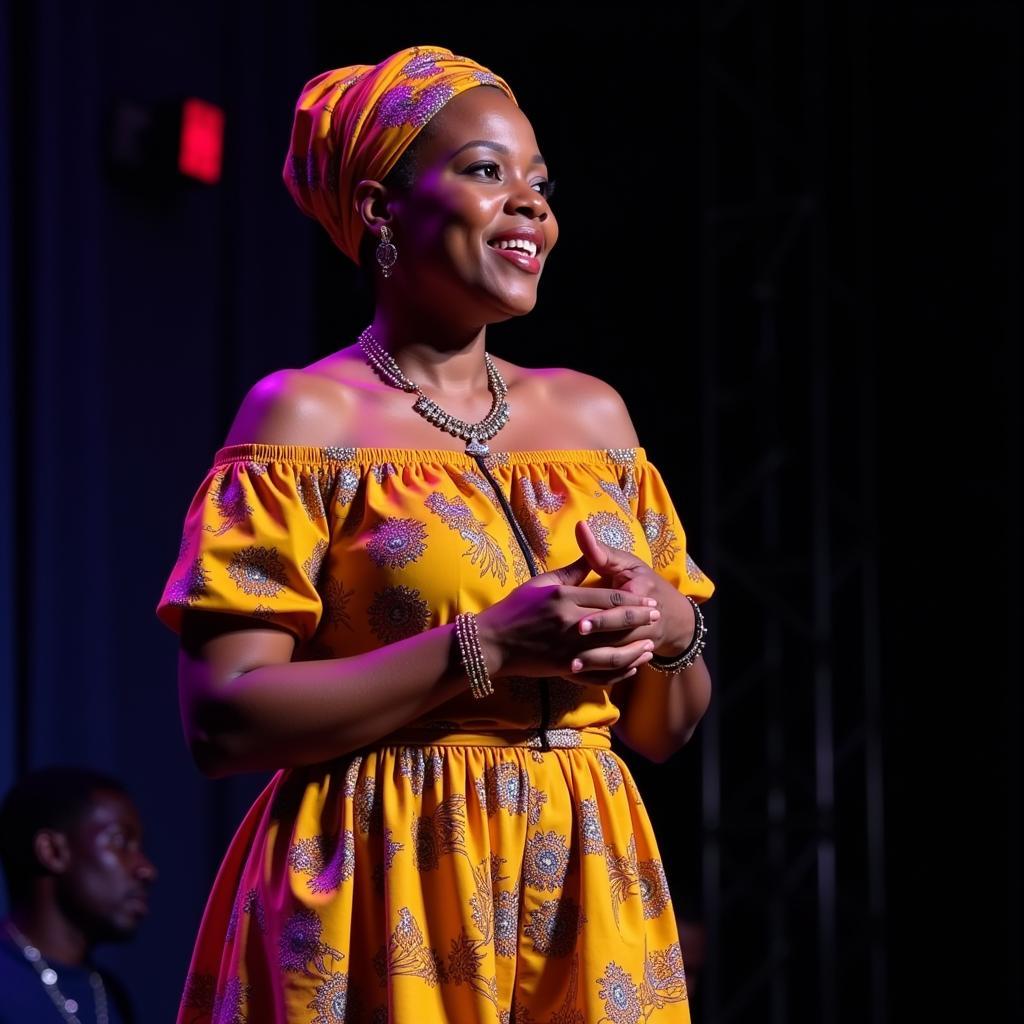 An African woman with vibrant clothing passionately reciting poetry on a stage with a microphone