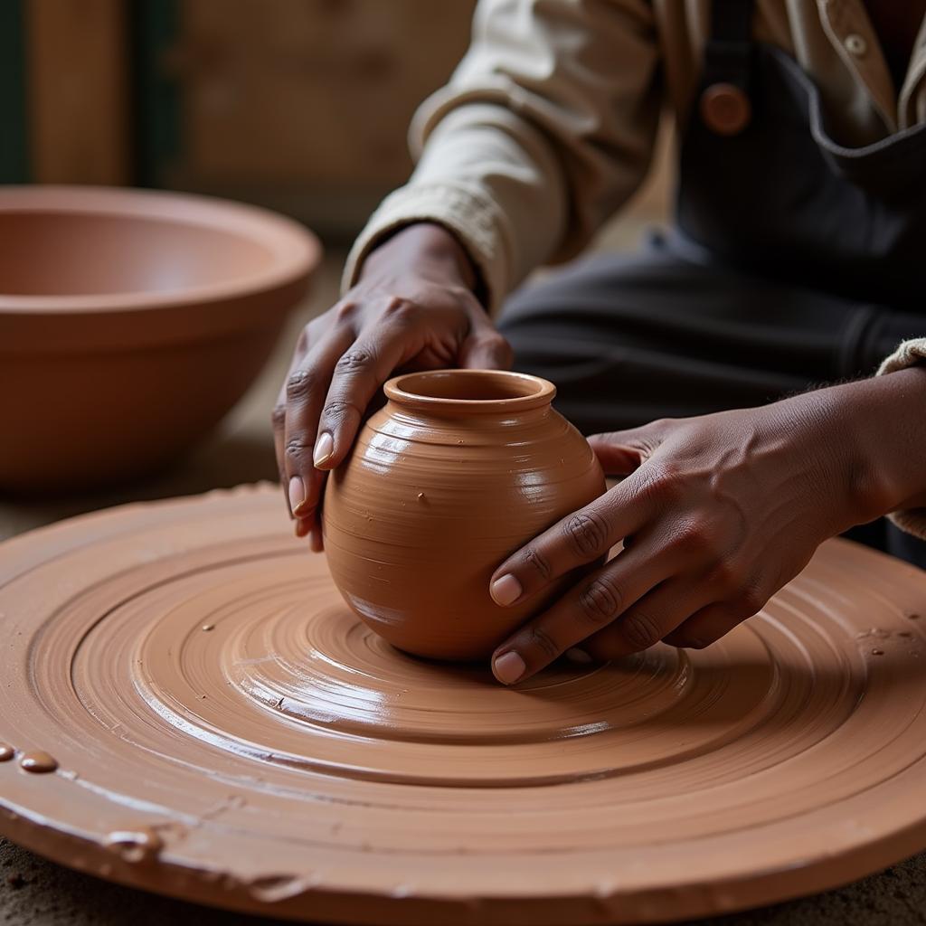 African potter shaping clay using a traditional method