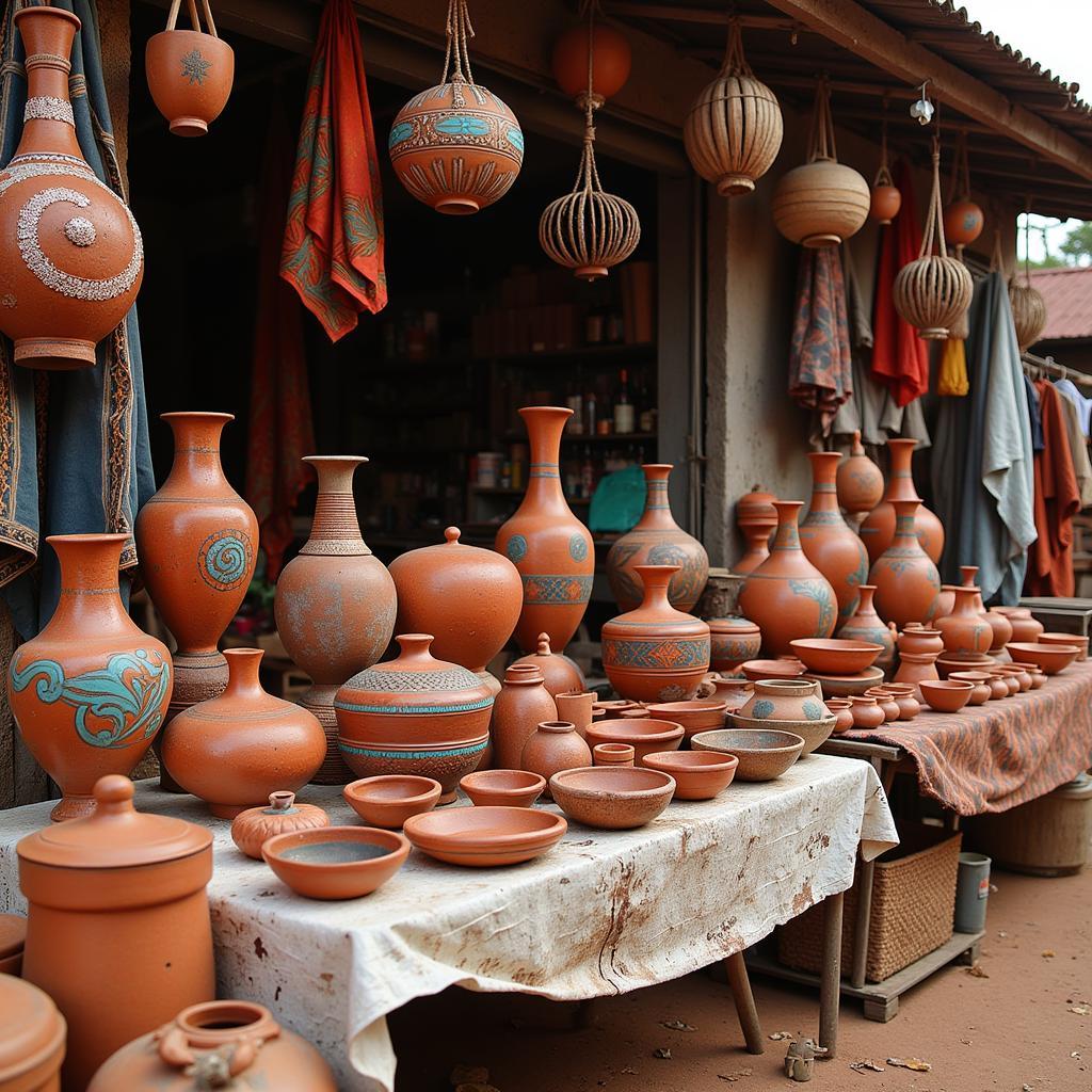 A vibrant market stall displaying an array of African pottery