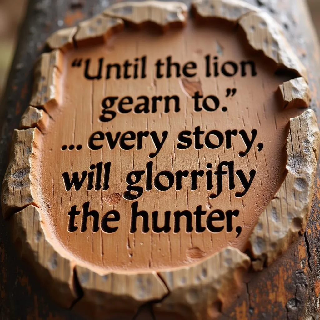 African proverb about lion and hunter carved in wood