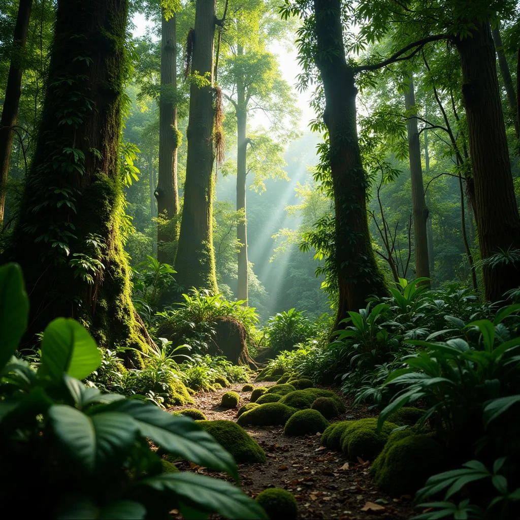 Looking up at the dense canopy of the African rainforest with sunlight filtering through the leaves.