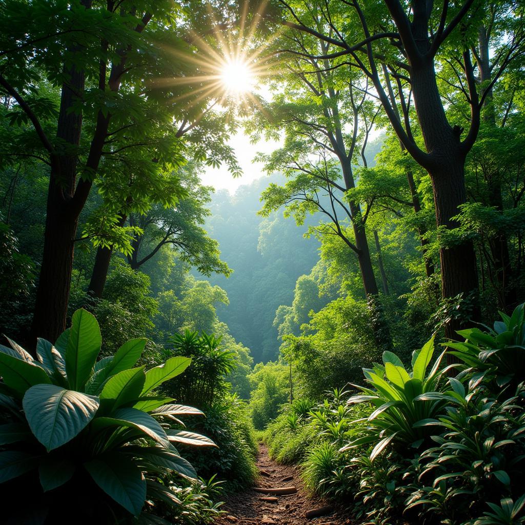 Sunlight filtering through dense rainforest canopy