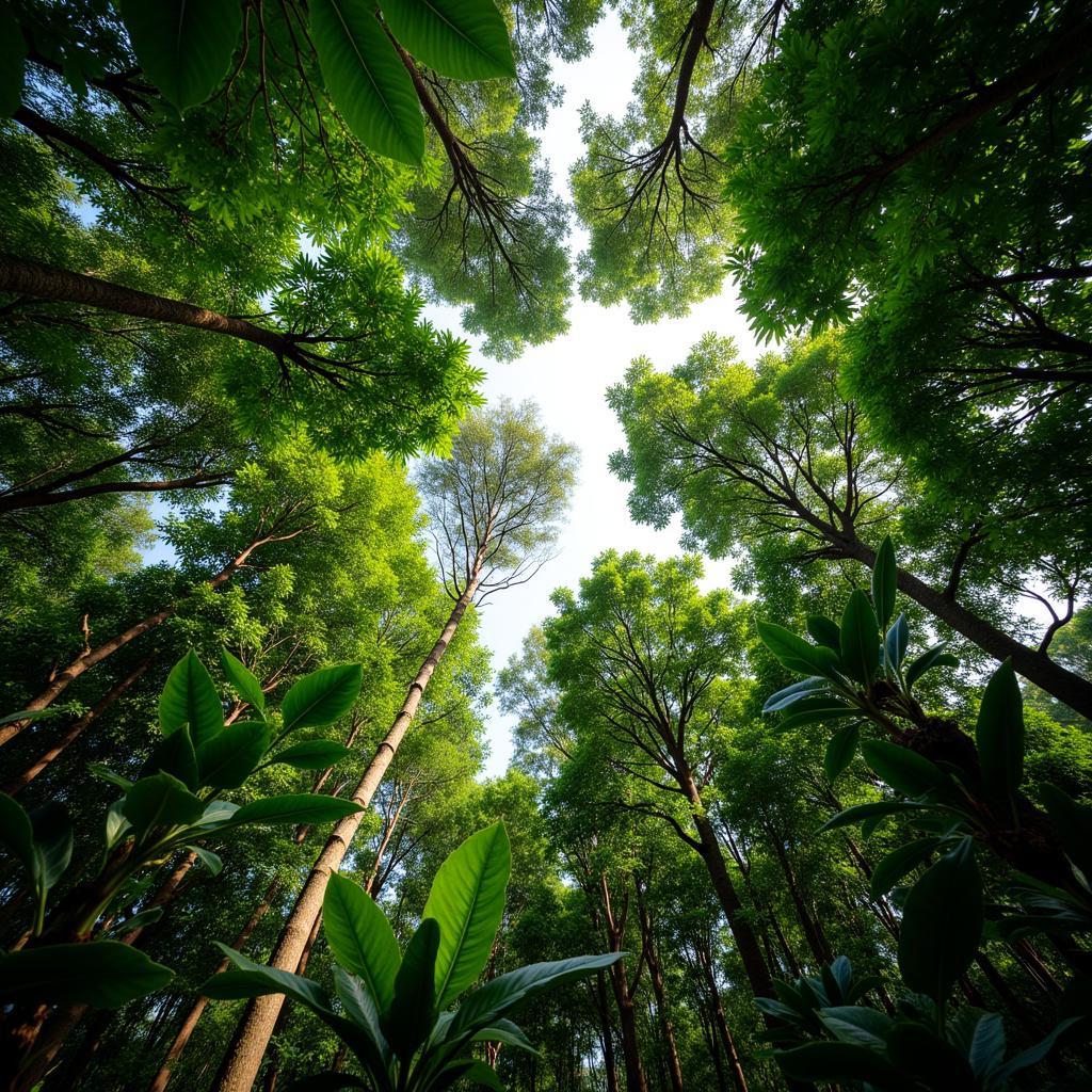 Sunlight filtering through dense African rainforest canopy