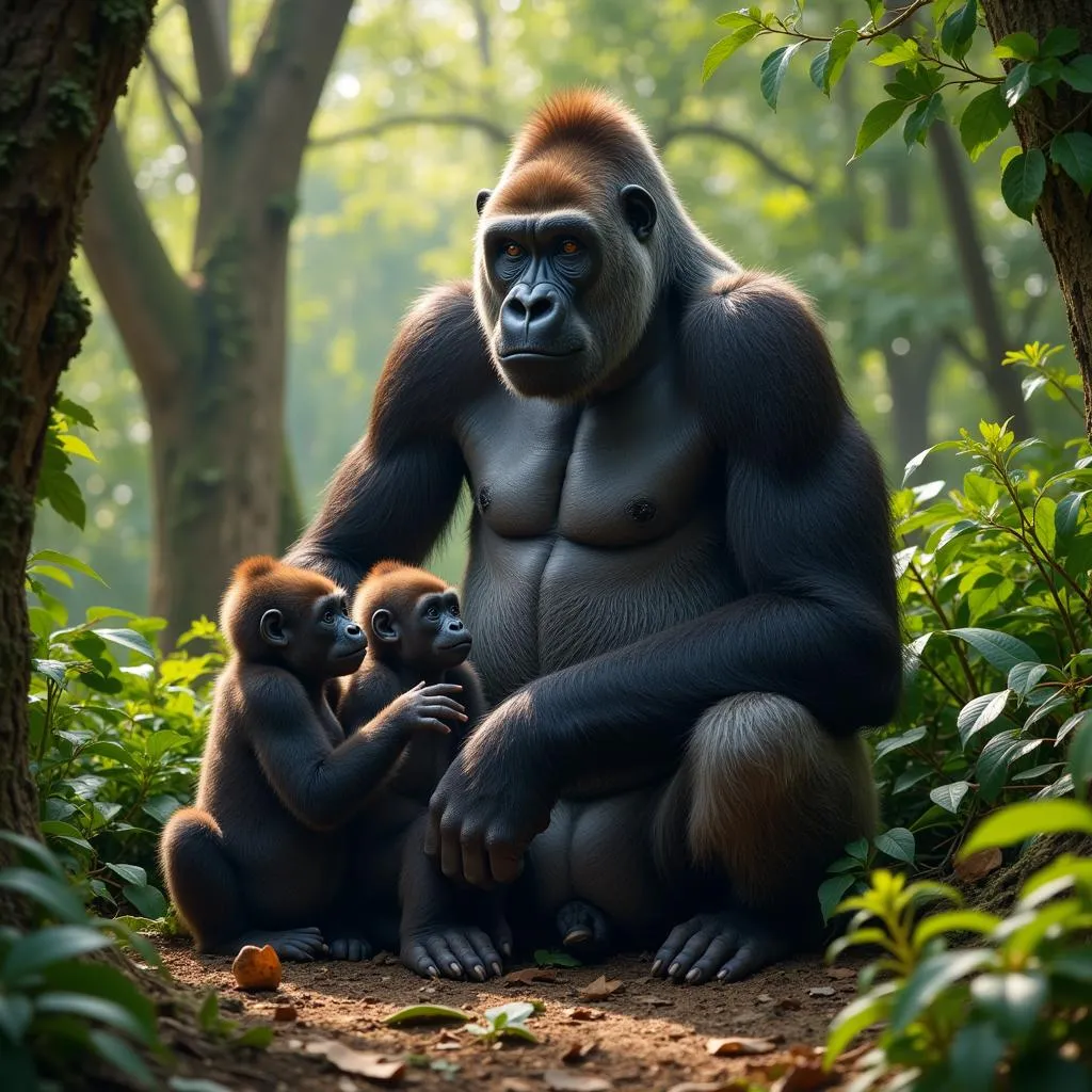 African rainforest with a gorilla family