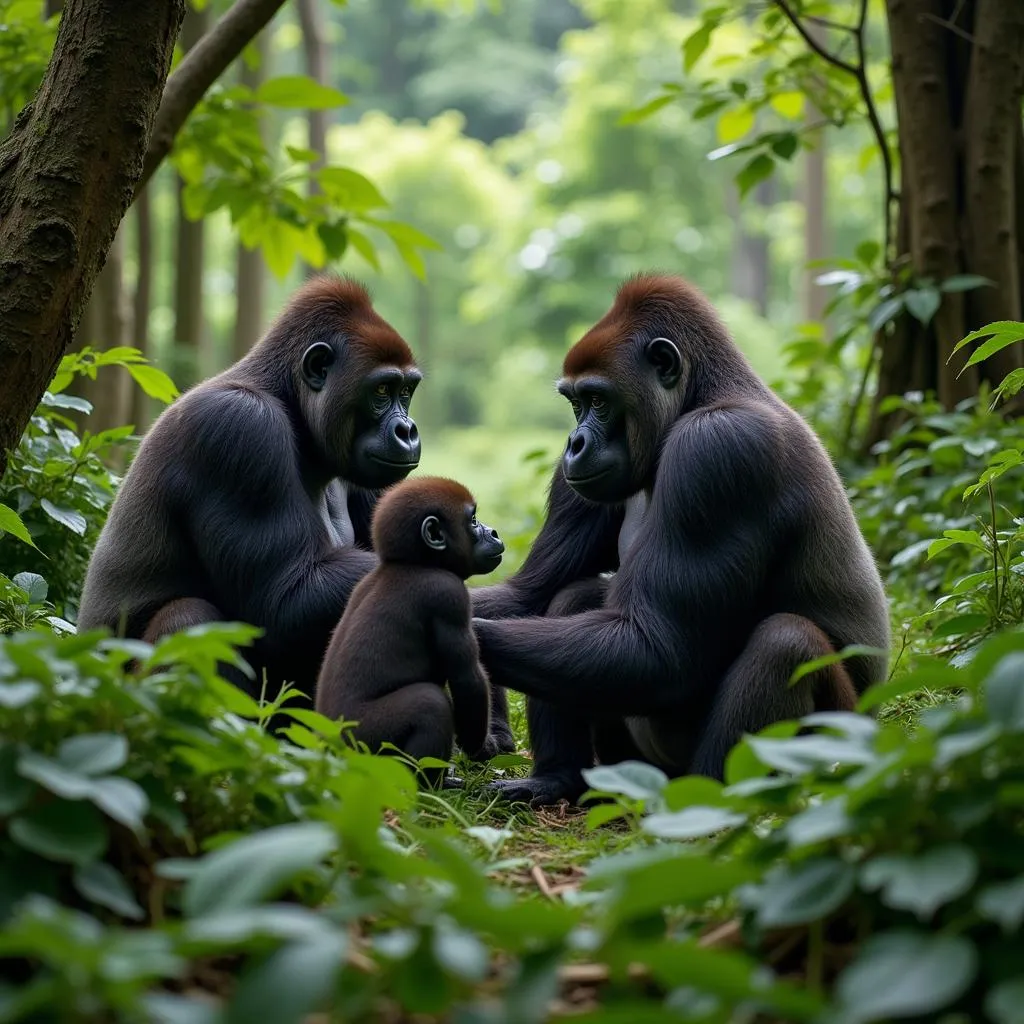 African rainforest with a gorilla family