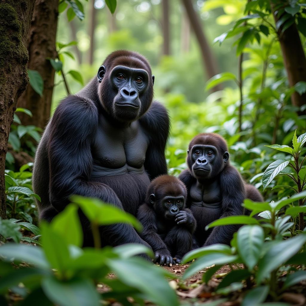 Gorilla Family in African Rainforest