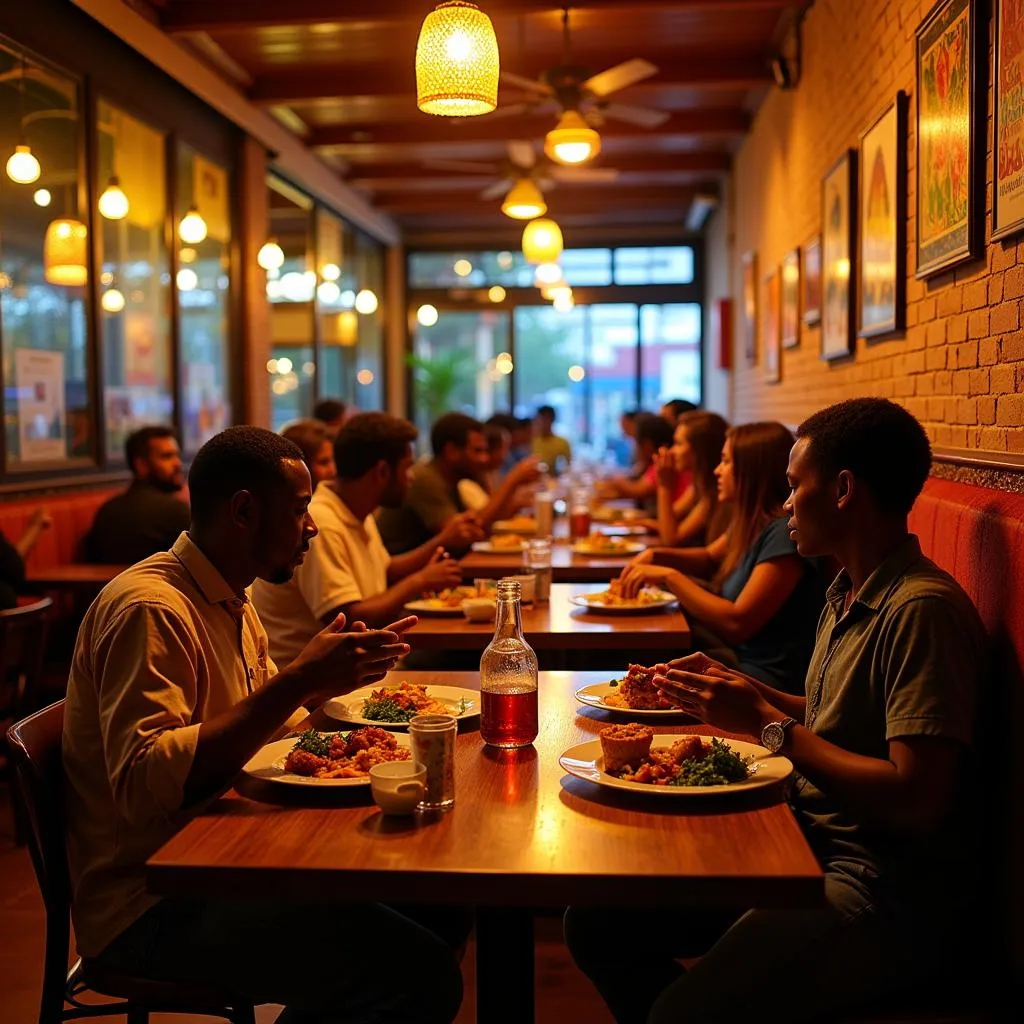 A bustling African restaurant in Bangalore with patrons enjoying a meal