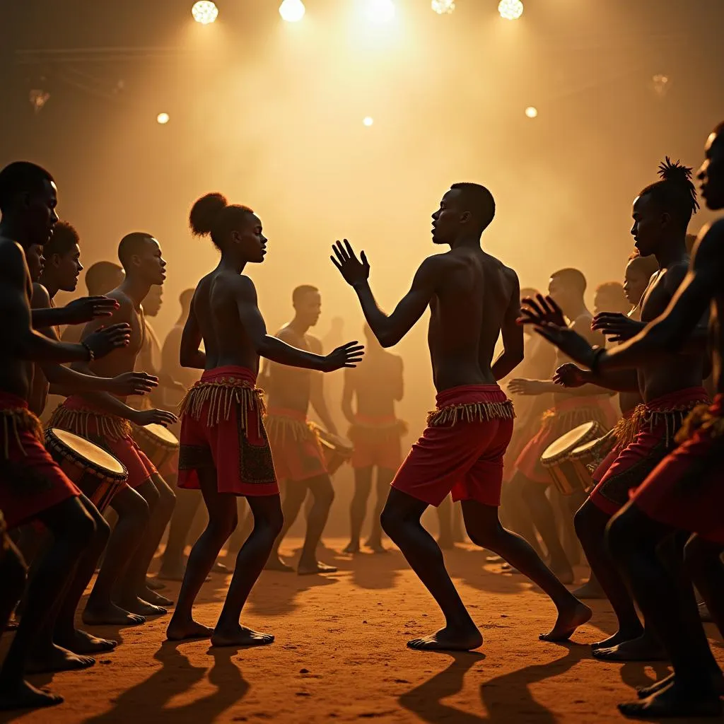 Dancers move rhythmically amidst a circle of drummers, embodying the spiritual essence of the dance